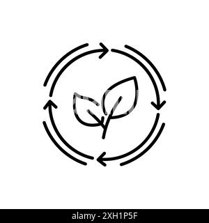 Zero waste icon, eco label, leaves in rotating arrows, organic recycling, thin line symbol - editable stroke vector illustration Stock Vector