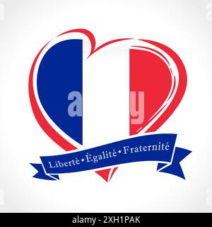 French National Day creative icon. Holiday logo or symbol with congratulation text - Liberty, Equality, Fraternity. Heart shape and ribbon with flag Stock Vector