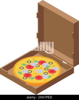 Tasty pizza with olives and mushrooms lying in open cardboard box ready for fast delivery Stock Vector