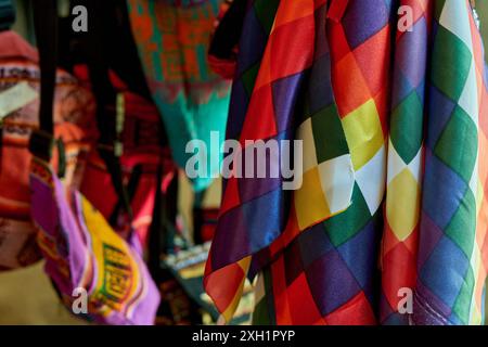 wiphala flag at an artisan fair in Jujuy, Argentina. symbol of the indigenous peoples of Tahuantinsuyo. Stock Photo