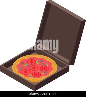 Classic pizza with tomatoes, olives and herbs in a cardboard box, ready for delivery Stock Vector