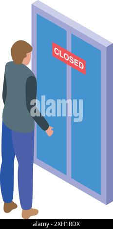 Businessman is knocking on a closed door, symbolizing a barrier to success Stock Vector
