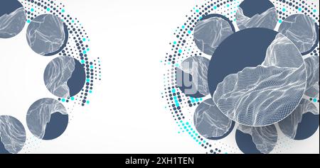 Abstract scientific technological background. Circles with mountain surfaces in the middle. Vector illustration made by hands. Stock Vector