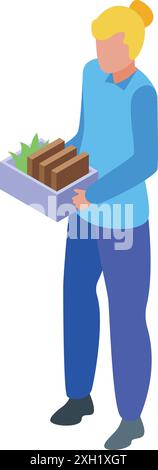 Office worker is holding a box with a plant, signifying a job change or resignation Stock Vector