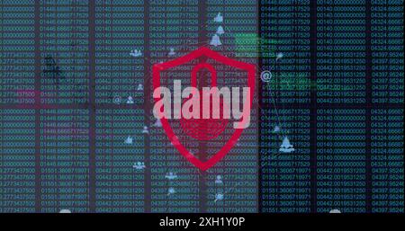 Image of network of digital icons spinning over security padlock icon against data processing. Cyber security and business networking technology conce Stock Photo