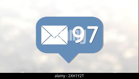 Image of message icon with increasing numbers against spots of light on grey background. Social media networking and business technology concept Stock Photo