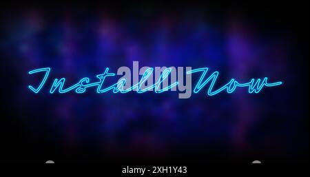 Image of neon blue install now text banner against blue background. Social media networking and business technology concept Stock Photo