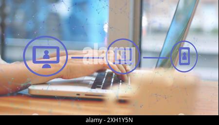 Image of icons and connected dots by lines over cropped hands of caucasian man using laptop. Digital composite, multiple exposure, communication, shap Stock Photo
