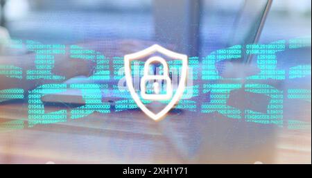 Image of padlock in shield, numbers in blockchain, connected dots, cropped hands using laptop. Digital composite, multiple exposure, cryptocurrency, p Stock Photo