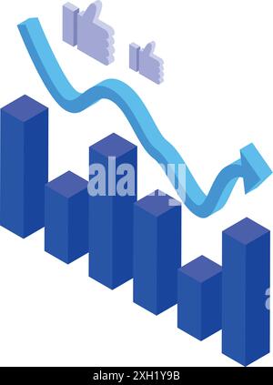 Social media marketing graph showing decrease with thumbs up icons, isometric vector illustration Stock Vector