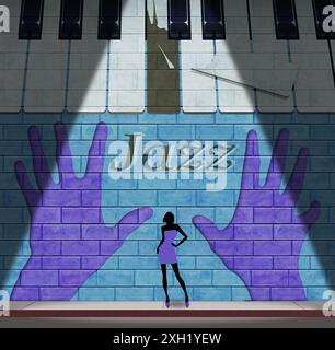 Jazz played so hard it breaks the piano keys is on a sign on a brick wall outside a jazz club at night. A woman stands outside in this 3-d illustratio Stock Photo