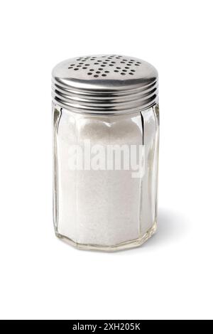Single ground glass salt shaker isolated on white background close up Stock Photo