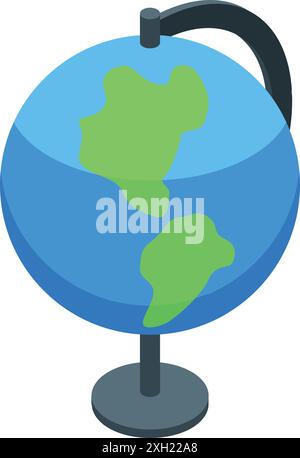 Blue school globe showing green continents is standing on a desk, perfect for illustrating concepts like education, geography and discovery Stock Vector