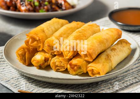 Deep Fried Filipino Pork Lumpia with Dipping Sauce Stock Photo