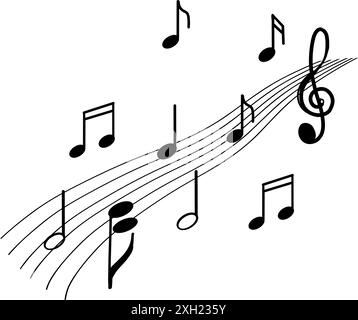 Notes, treble clef, melody. Vector illustration. All objects are drawn in vector in black. Suitable for printing on posters, invitations, cards Stock Vector