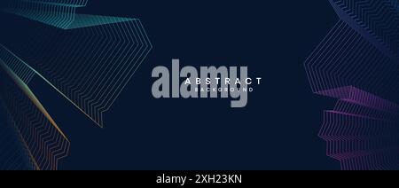 Abstract dark blue, purple geometric digital future technology flowing line background. Yellow-green-navy blue gradient wave lines texture web banner Stock Vector