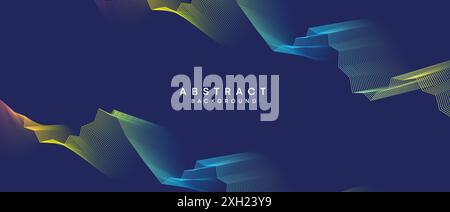 Abstract dark blue, purple geometric digital future technology flowing line background. Yellow-green-navy blue gradient wave lines texture web banner Stock Vector