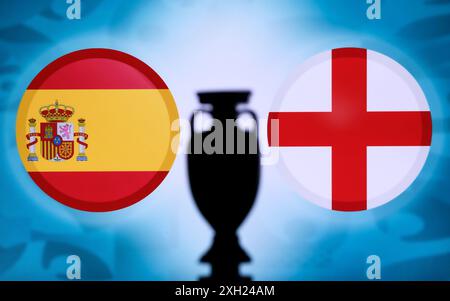 Spain vs England and silhouette of football trophy. Final of Football tournament in europe in Berlin on 14. july 2024 Stock Photo