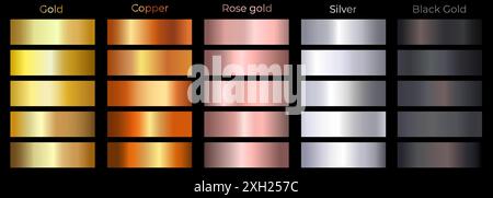 Golden, copper, gold rose, silver and black gold gradients set. Elegant, shiny big metal gradation textures collection. Stock Vector