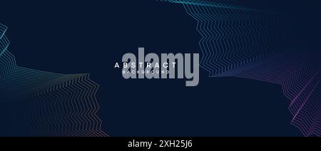 Abstract dark blue, purple geometric digital future technology flowing line background. Yellow-green-navy blue gradient wave lines texture web banner Stock Vector