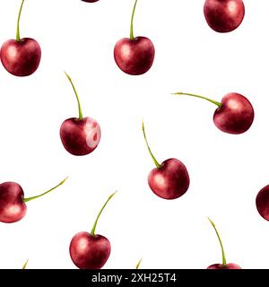Seamless pattern with sweet ripe cherry. Hand painting red macro watercolor illustration isolated on background. For designers, menu, shop, decoration Stock Photo