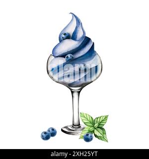 Glass bowl with soft blueberry ice cream and fresh berries and mint. Hand painting sweet watercolor illustration isolated on background. For designers Stock Photo