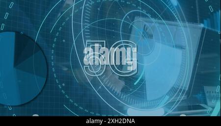 Image of scope scanning with 5g text and data processing over caucasian male hacker. Global technology, computing and digital interface concept digita Stock Photo