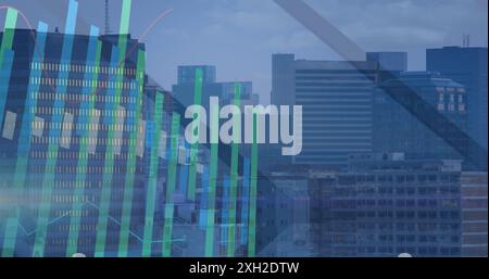 This image shows a cityscape with modern buildings and a clear sky. image of data processing is shown over the cityscape. The image represents global Stock Photo