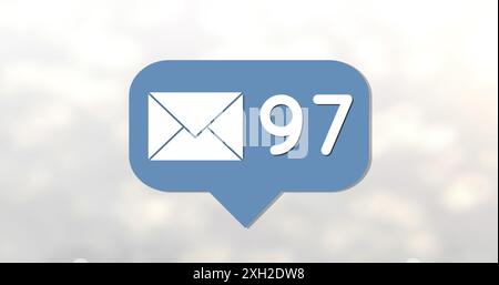 Image of message icon with increasing numbers against spots of light on grey background. Social media networking and business technology concept Stock Photo