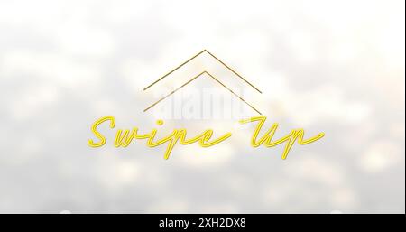 Image of neon yellow swipe up text banner against spots of light on grey background. Social media networking and business technology concept Stock Photo