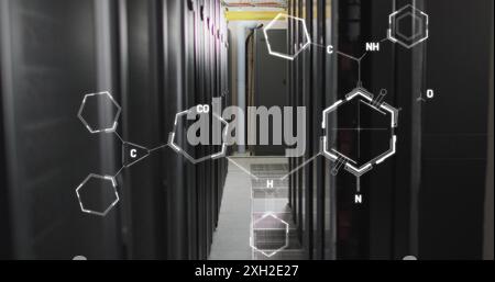 Image of molecule structures against server room in background. Digital composite, multiple exposure, coding, science, networking, technology and netw Stock Photo
