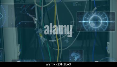 Image of data processing and binary coding against close up of computer server. Computer interface and business data technology concept Stock Photo