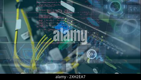 Image of round scanners and data processing against close up of a computer server. Computer interface and business data technology concept Stock Photo