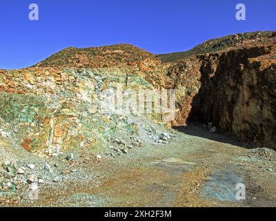 The old, abandoned copper mine, known as the blue mine in the hills of the Town of Springbok in South Africa. Stock Photo