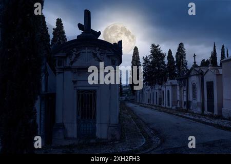 Old european cemetery street  in a cloudy full moon night. Stock Photo