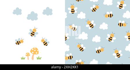 Cute bees card and seamless pattern. Childish background with bees, clouds and mushroom. Vector illustration. Stock Vector