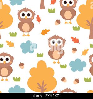 Fall background. Seamless pattern with cute owls, trees, acorns, clouds and leaves. Cute childish autumn texture. Vector illustration. Stock Vector