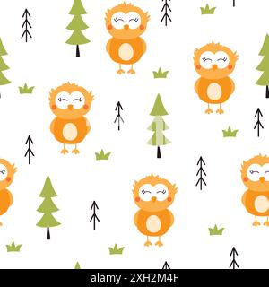 Seamless pattern with owls and trees. Cute childish texture. Vector illustration on white background. Stock Vector