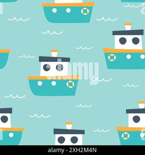 Cute summer seamless pattern. Marine texture with boats. Childish vector illustration. Stock Vector