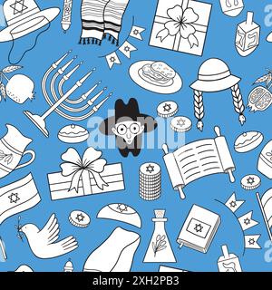 A seamless pattern for the Hanukkah holiday featuring traditional Jewish symbols. Stock Vector