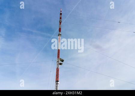 Hessisch Lichtenau: antenna structures and transmission systems of Hessischer Rundfunk on mountain Hoher Meißner in Nordhessen, Hessen, Hesse, Germany Stock Photo