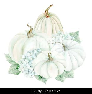 White pumpkins and blue hydrangeas on white background. Watercolor illustration in pastel colors. The drawing is hand drawn. Suitable for cards, invit Stock Photo