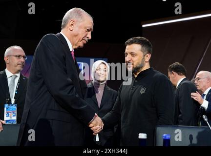 Washington, United States. 11th July, 2024. Recep Tayyip Erdoğan, President of the Republic of Türkiye and Volodymyr Zelenskyy, President of Ukraine shake hands prior to participating in Working Session III of the North Atlantic Treaty Organization (NATO) Summit at the Walter E. Washington Convention Center in Washington, DC on Thursday, July 11, 2024.Credit: Chris Kleponis/Pool via CNP Credit: Abaca Press/Alamy Live News Stock Photo