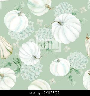 White pumpkins and hydrangea flowers on green background. Seamless pattern in pastel colors. The pattern is hand drawn. Suitable for cards, invitation Stock Photo