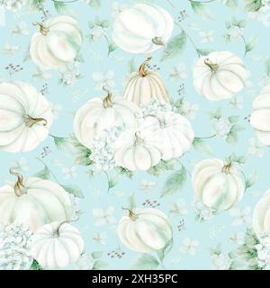 White pumpkins, hydrangea flowers on and snowberry, on mint background. Seamless pattern in pastel colors. The pattern is hand drawn. Suitable for car Stock Photo