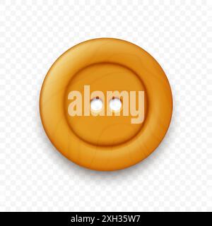 Vector Brown Color Wooden Two Holes Clothes Button Closeup, Isolated on White Background with Reflection. Round Button, Front View Stock Vector