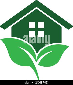 ecological house home powered by green renewable energy symbol logo with leaf icon vector isolated on transparent background Stock Vector