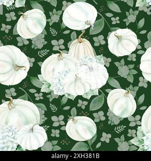 White pumpkins, hydrangea flowers on and snowberry, on dark green background. Seamless pattern in pastel colors. The drawing is hand drawn. Suitable f Stock Photo