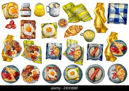 Watercolor hand drawn breakfast illustration. Traditional english breakfast with fried eggs, becon pieces, fresh timatoes and beans in the sauce set. Stock Photo