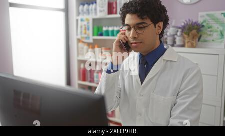 Handsome young hispanic man wearing a lab coat and glasses, working in a pharmacy, talking on the phone while using a computer indoors. Stock Photo